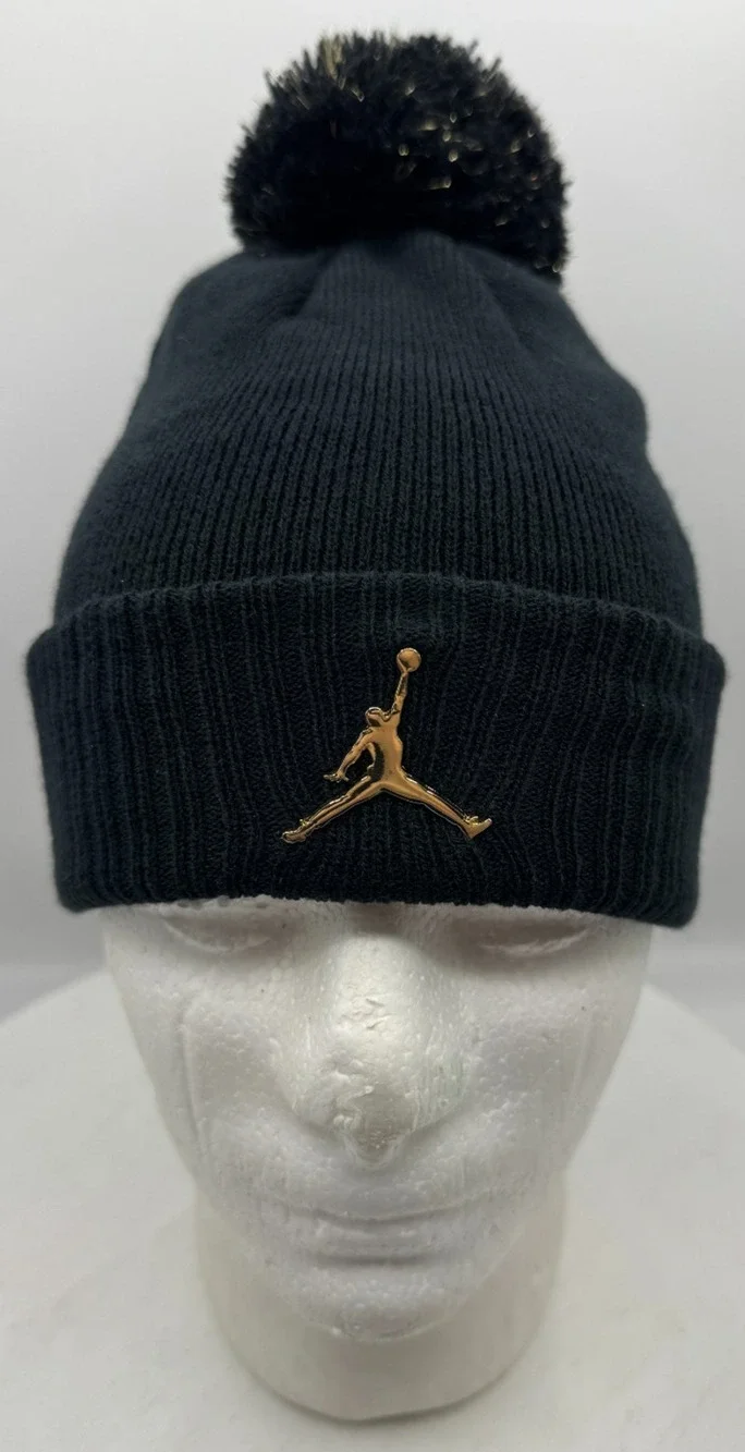 Air Jordan Youth Black and Gold Pom Beanie Youth Size